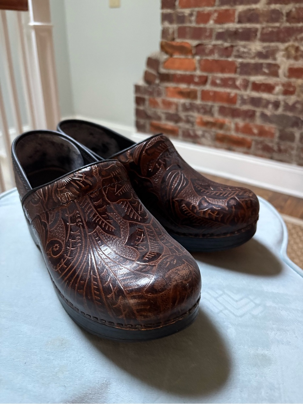 Women’s Embossed Brown Leather Slip-On Clogs